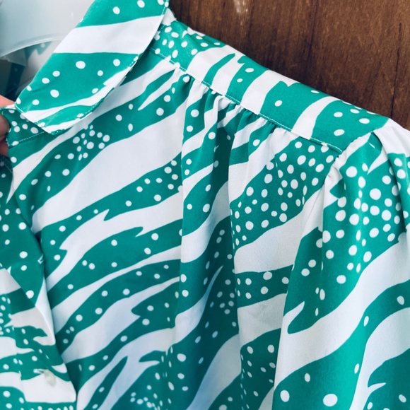 Hooper Associates Vintage 80s 90s Polka Dot Green Stripes Long Sleeve Blouse 16 - Picture 4 of 12